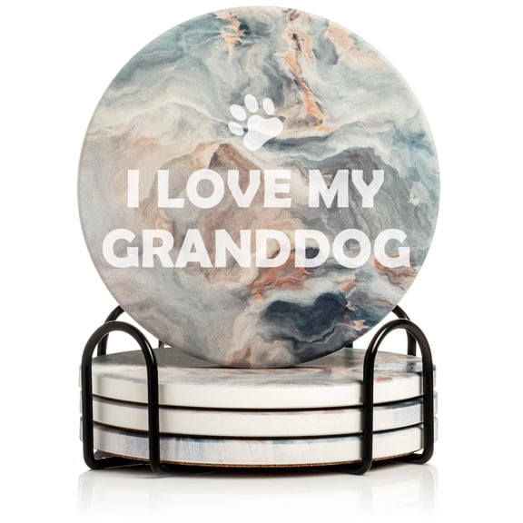 Set of 4 Drink Coasters with Holder Gift I Love My Granddog Grandparent of Dog Grandpa Grandma (Absorbent Ceramic Marble)