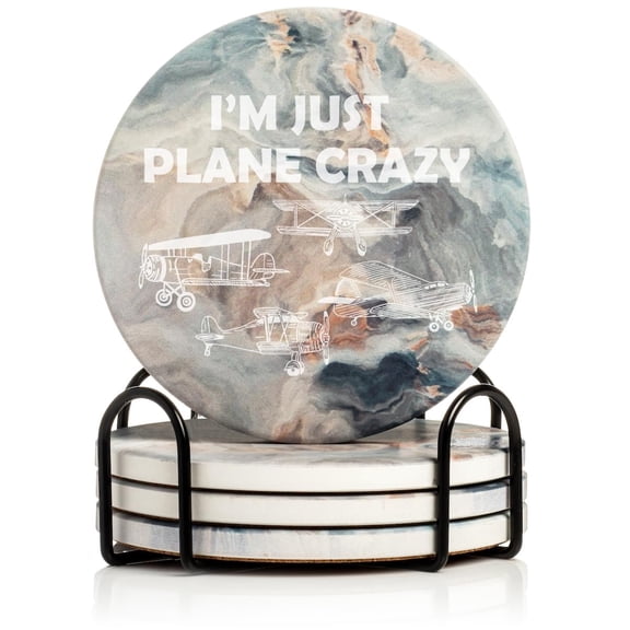Set of 4 Drink Coasters with Holder Gift I'm Just Plane Crazy Funny for Pilot Airplane Lover Aviation (Absorbent Ceramic Marble)