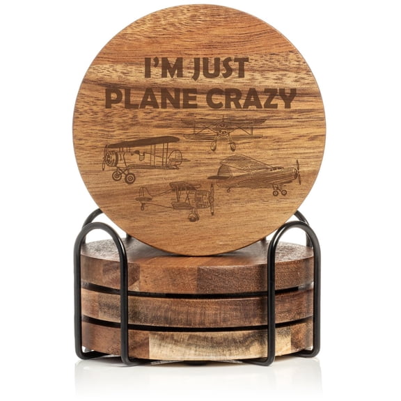 Set of 4 Drink Coasters with Holder Gift I'm Just Plane Crazy Funny for Pilot Airplane Lover Aviation (Acacia Wood)