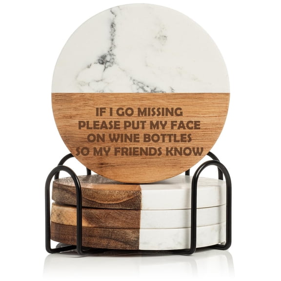 Set of 4 Drink Coasters with Holder Gift If I Go Missing Put My Face On Wine Bottles Funny Friend (Acacia Wood & Marble)