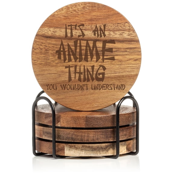 Set of 4 Drink Coasters with Holder Gift It's an Anime Thing (Acacia Wood)
