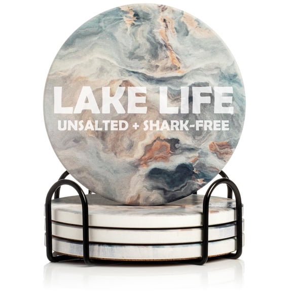 Set of 4 Drink Coasters with Holder Gift Lake Life Unsalted and Shark Free Funny (Absorbent Ceramic Marble)