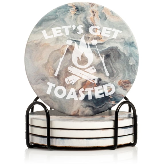 Set of 4 Drink Coasters with Holder Gift Let's Get Toasted Funny Camping Outdoors (Absorbent Ceramic Marble)