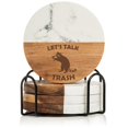thumbnail image 1 of Set of 4 Drink Coasters with Holder Gift Let's Talk Trash Raccoon Funny (Acacia Wood & Marble), 1 of 1