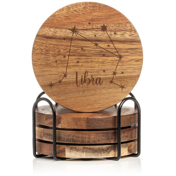 Set of 4 Drink Coasters with Holder Gift Libra Star Zodiac Horoscope Constellation (Acacia Wood)