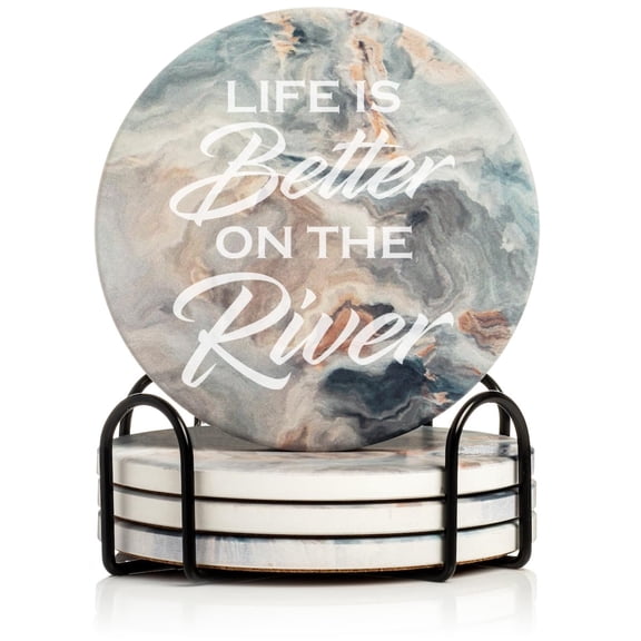 Set of 4 Drink Coasters with Holder Gift Life is Better On The River (Absorbent Ceramic Marble)