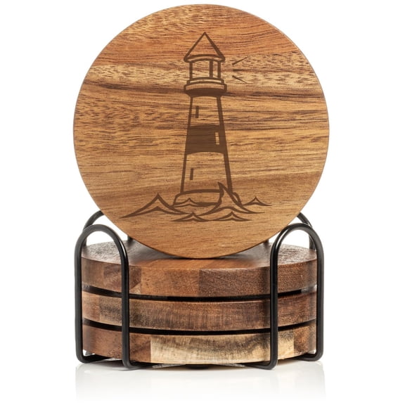 Set of 4 Drink Coasters with Holder Gift Lighthouse (Acacia Wood)