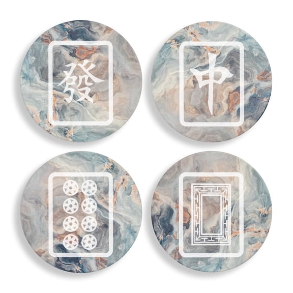 Set of 4 Drink Coasters with Holder Gift Mahjong Tiles Collection (Absorbent Ceramic Marble)