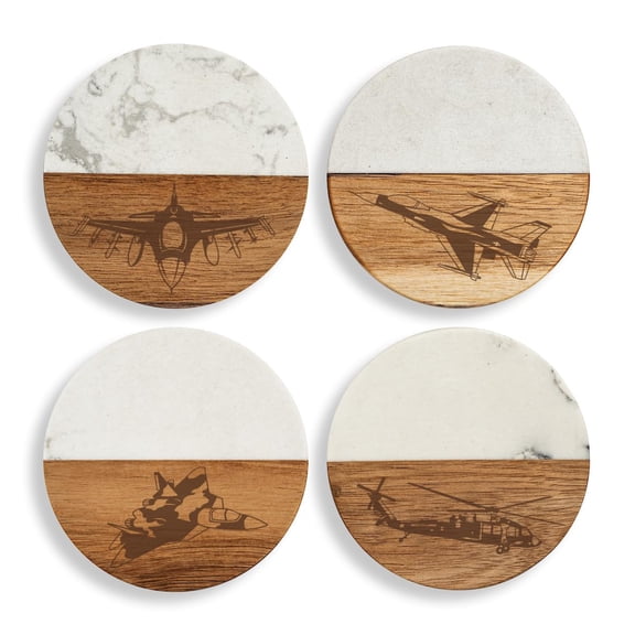Set of 4 Drink Coasters with Holder Gift Military Aviation Military Planes and Helicopter (Acacia Wood & Marble)