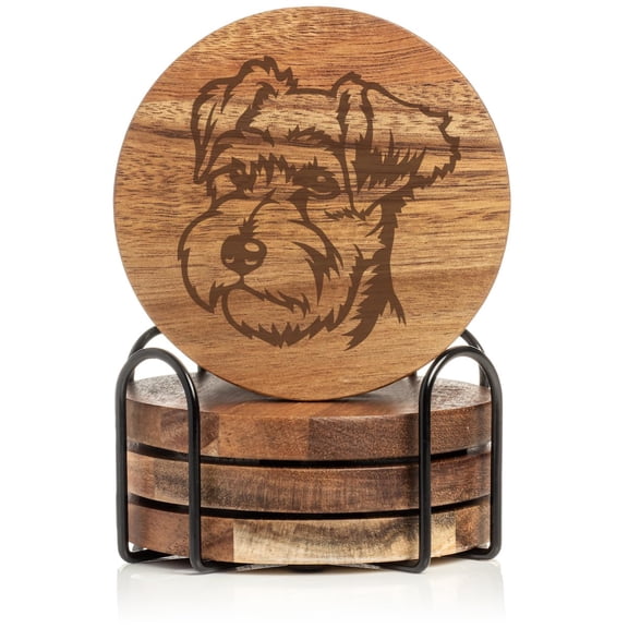 Set of 4 Drink Coasters with Holder Gift Miniature Schnauzer Face (Acacia Wood)