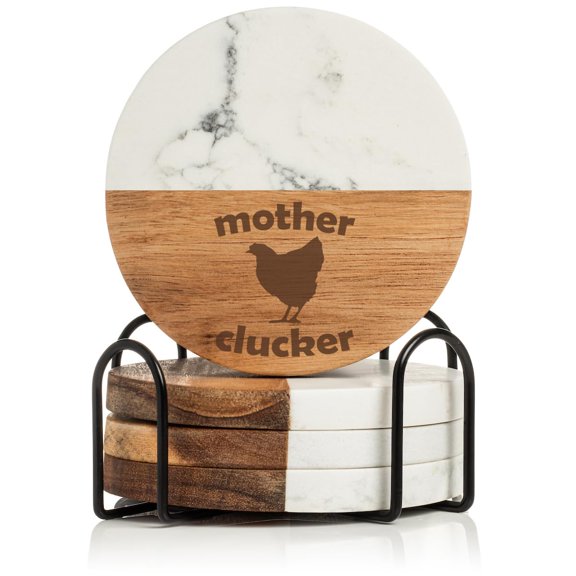 Set of 4 Drink Coasters with Holder Gift Mother Clucker Hen Chicken Funny (Acacia Wood & Marble)