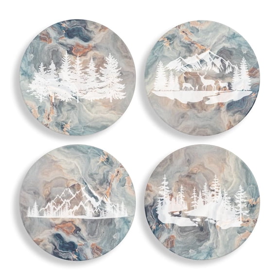 Set of 4 Drink Coasters with Holder Gift Outdoors Forest Collection (Absorbent Ceramic Marble)