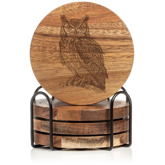 Set of 4 Drink Coasters with Holder Gift Owl (Acacia Wood)