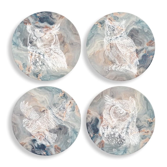 Set of 4 Drink Coasters with Holder Gift Owl Collection (Absorbent Ceramic Marble)