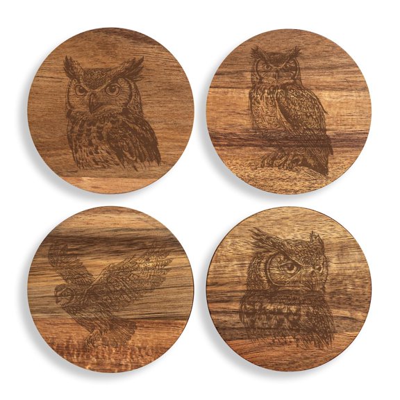 Set of 4 Drink Coasters with Holder Gift Owl Collection (Acacia Wood)