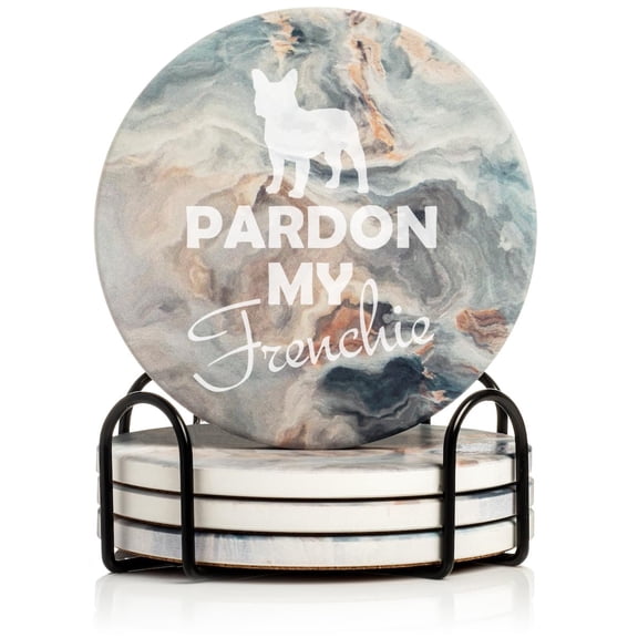 Set of 4 Drink Coasters with Holder Gift Pardon My Frenchie French Bulldog (Absorbent Ceramic Marble)