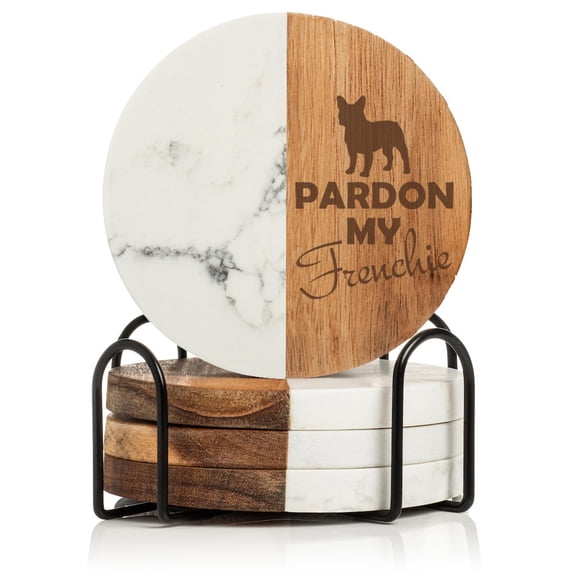 Set of 4 Drink Coasters with Holder Gift Pardon My Frenchie French Bulldog (Acacia Wood & Marble)