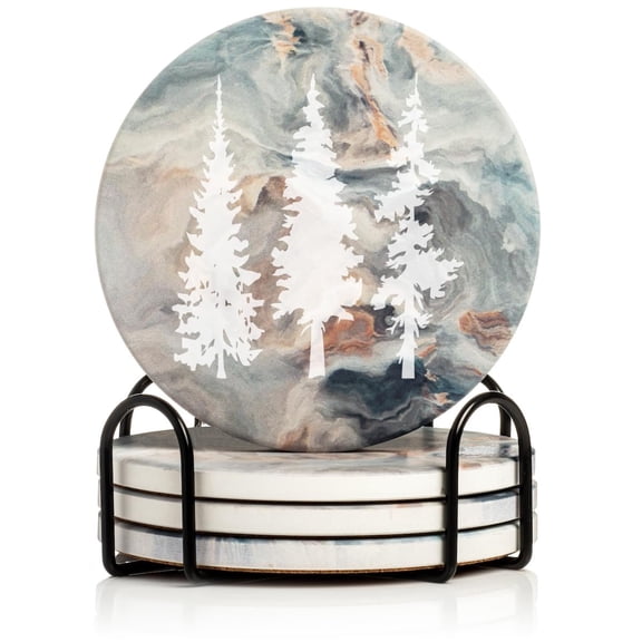 Set of 4 Drink Coasters with Holder Gift Pine Trees Hiking Mountains Camping Outdoors (Absorbent Ceramic Marble)