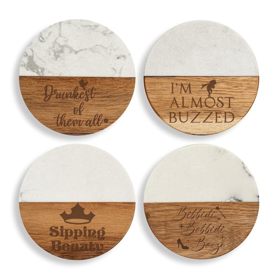 Set of 4 Drink Coasters with Holder Gift Princess Collection (Acacia Wood & Marble)