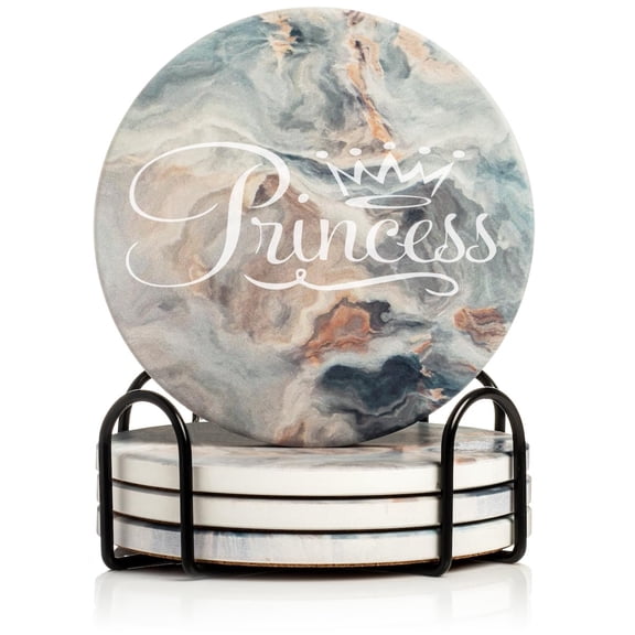 Set of 4 Drink Coasters with Holder Gift Princess Fancy (Absorbent Ceramic Marble)