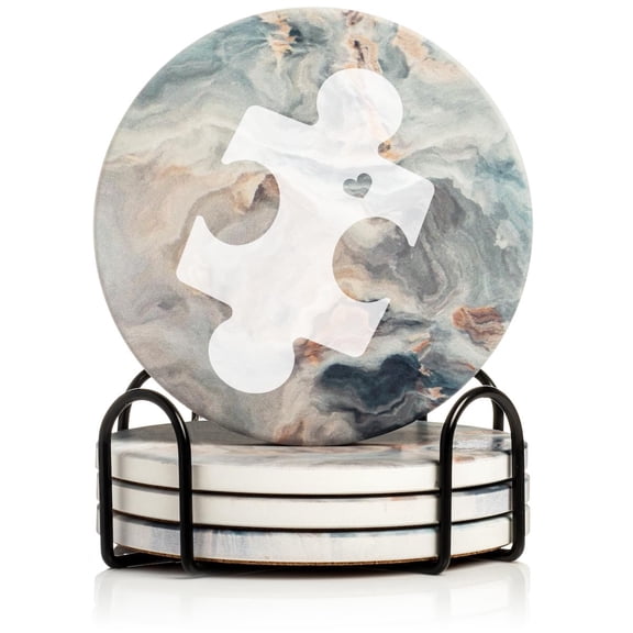 Set of 4 Drink Coasters with Holder Gift Puzzle Piece with Heart Autism Awareness Special Education Teacher (Absorbent Ceramic Marble)