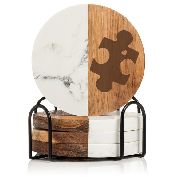 Set of 4 Drink Coasters with Holder Gift Puzzle Piece with Heart Autism Awareness Special Education Teacher (Acacia Wood & Marble)