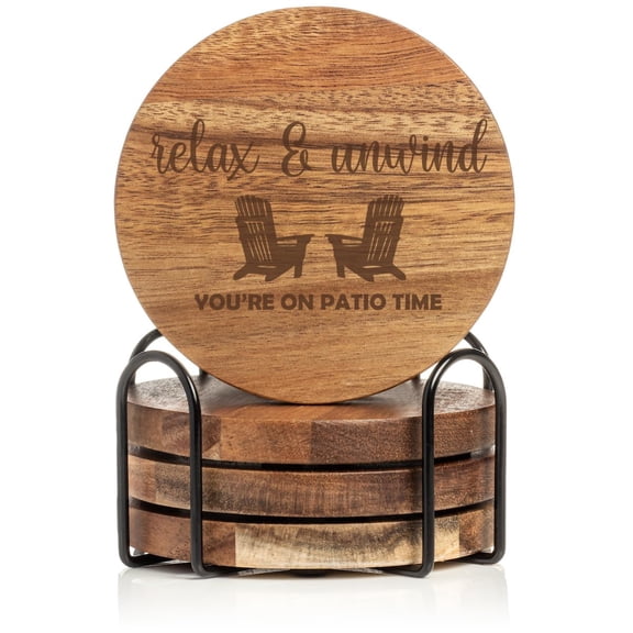 Set of 4 Drink Coasters with Holder Gift Relax and Unwind You're On Patio Time Spring Summer (Acacia Wood)