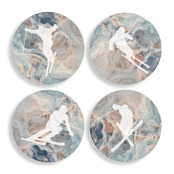 Set of 4 Drink Coasters with Holder Gift Ski Skier Collection (Absorbent Ceramic Marble)