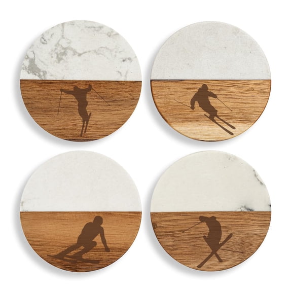 Set of 4 Drink Coasters with Holder Gift Ski Skier Collection (Acacia Wood & Marble)