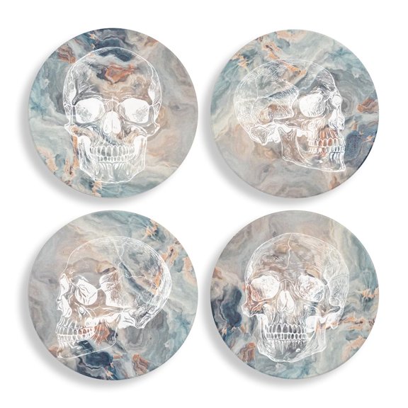 Set of 4 Drink Coasters with Holder Gift Skull Collection (Absorbent Ceramic Marble)