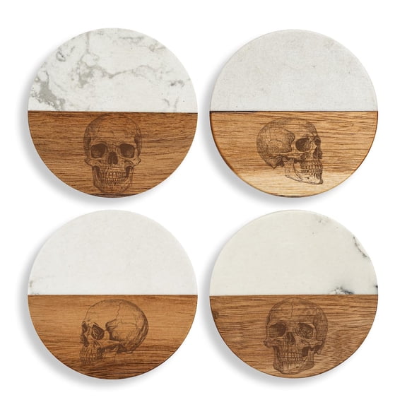 Set of 4 Drink Coasters with Holder Gift Skull Collection (Acacia Wood & Marble)