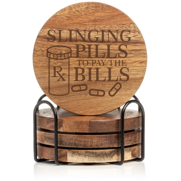 Set of 4 Drink Coasters with Holder Gift Slinging Pills to Pay The Bills Funny Pharmacist Pharmacy Tech (Acacia Wood)