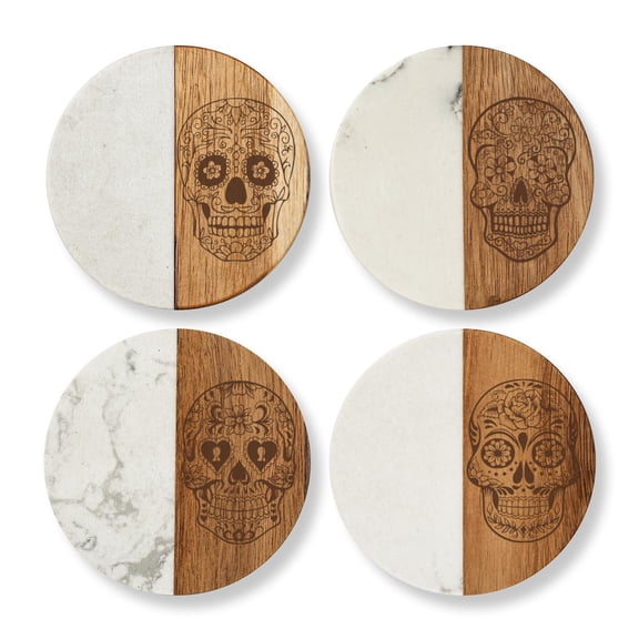 Set of 4 Drink Coasters with Holder Gift Sugar Skull Collection (Acacia Wood & Marble)