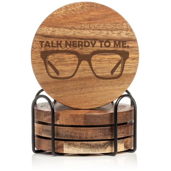 Set of 4 Drink Coasters with Holder Gift Talk Nerdy to Me Funny Nerd (Acacia Wood)