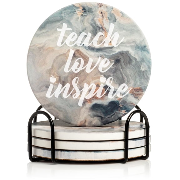 Set of 4 Drink Coasters with Holder Gift Teach Love Inspire Teacher (Absorbent Ceramic Marble)