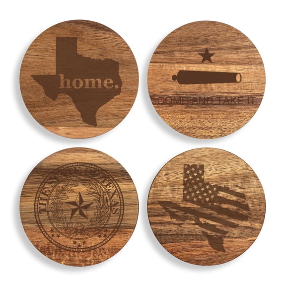 Set of 4 Drink Coasters with Holder Gift Texas Collection (Acacia Wood)