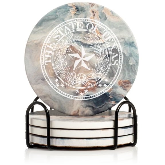 Set of 4 Drink Coasters with Holder Gift Texas State Seal (Absorbent Ceramic Marble)