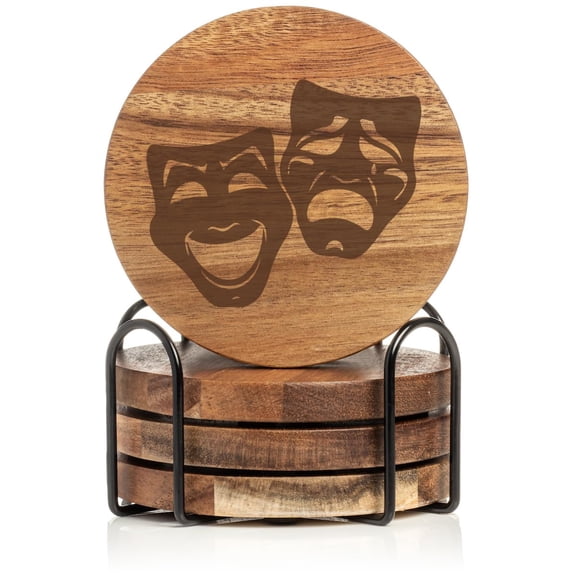 Set of 4 Drink Coasters with Holder Gift Theater Masks (Acacia Wood)