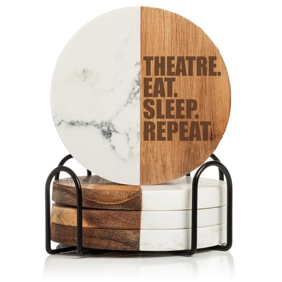 Set of 4 Drink Coasters with Holder Gift Theatre Eat Sleep Repeat (Acacia Wood & Marble)