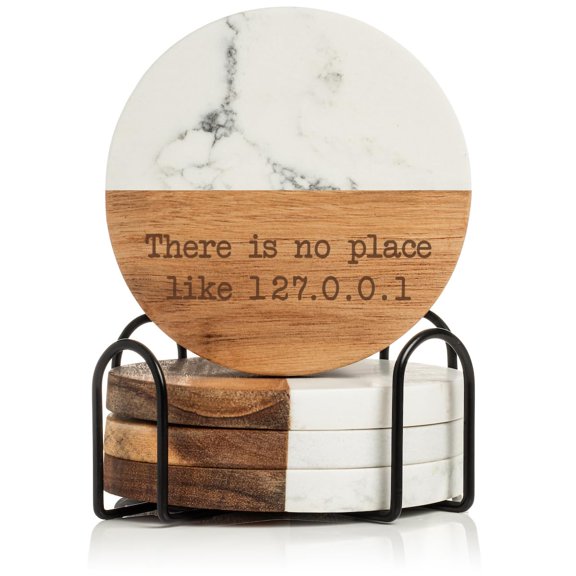 Set of 4 Drink Coasters with Holder Gift There is No Place Like 127 0 0 1 Home Geek Nerd Funny (Acacia Wood & Marble)