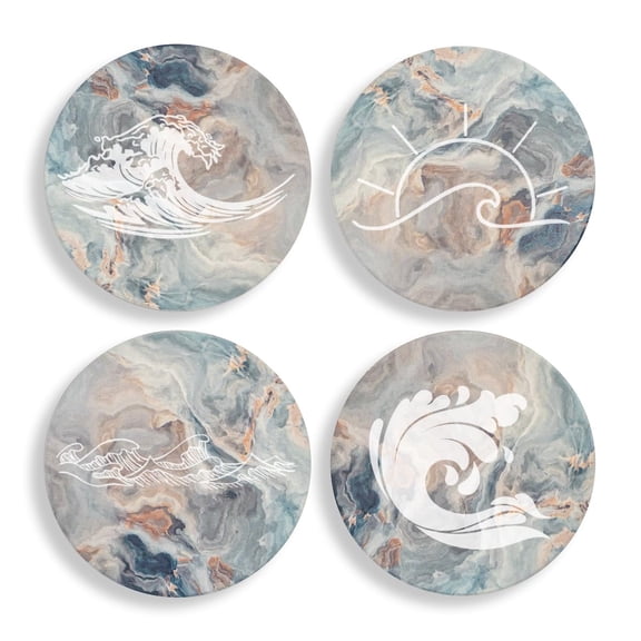 Set of 4 Drink Coasters with Holder Gift Wave Ocean Lake River Collection (Absorbent Ceramic Marble)