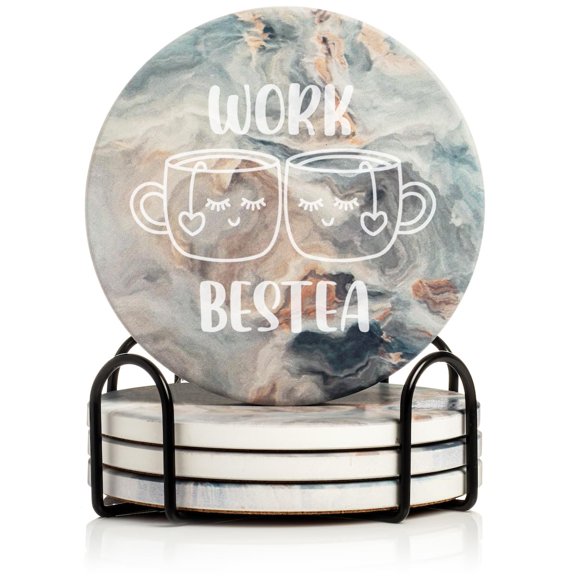 Set of 4 Drink Coasters with Holder Gift Work Bestea Funny Best Friend Coworker (Absorbent Ceramic Marble)