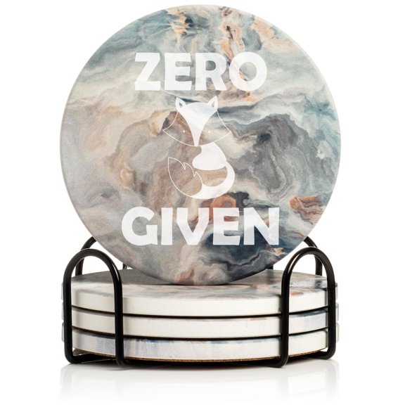 Set of 4 Drink Coasters with Holder Gift Zero Fox Given Funny (Absorbent Ceramic Marble)