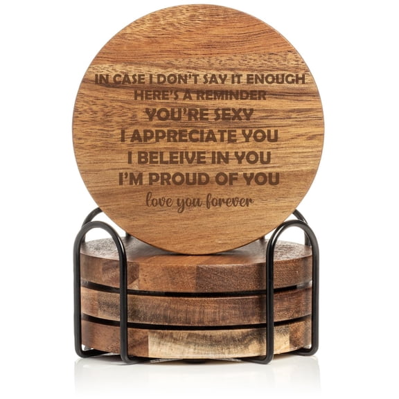 Set of 4 Drink Coasters with Holder Gift in Case I Don't Say It Enough Here is A Reminder for Anniversary Wife Girlfriend (Acacia Wood)