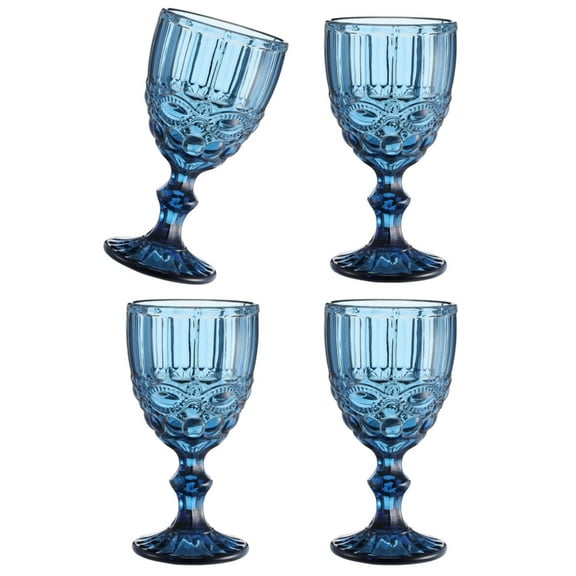 Set of 4 Drinking Glasses with Embossed Pattern Elegant Colored Wine Goblets