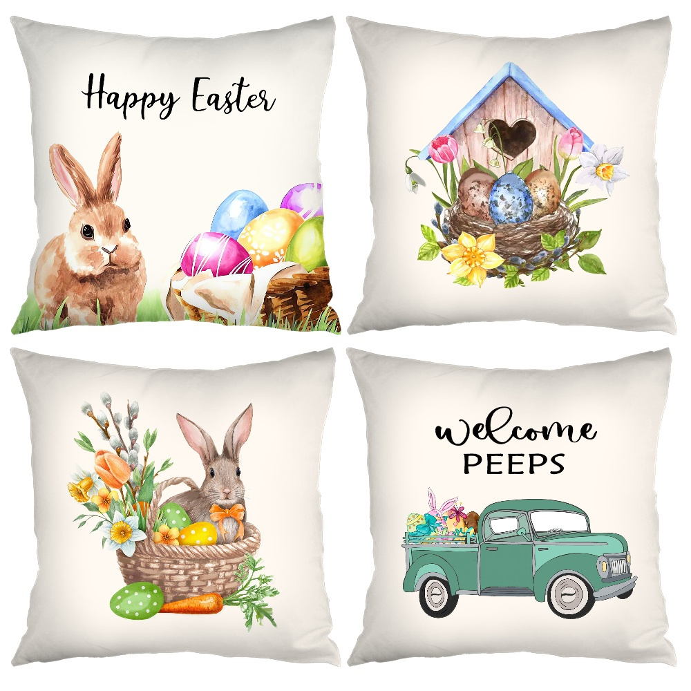 Set of 4 Easter Cushion Covers 18x18 Inch Flower Bunny Egg Cushions Throw Pillow Cases for Bench