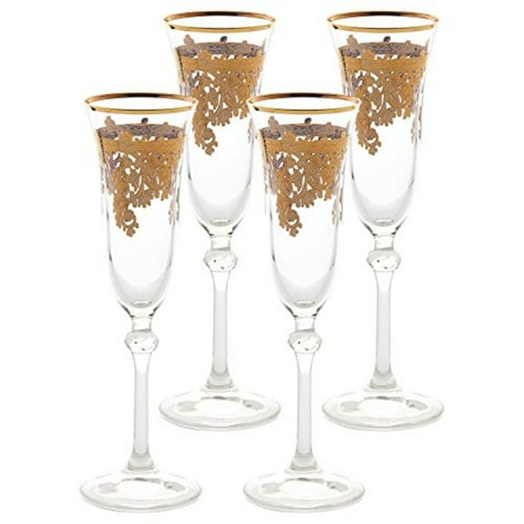 Lorren Home Trends Set of 4 Embellished 24K Gold Crystal Flute Goblets-Made In Italy