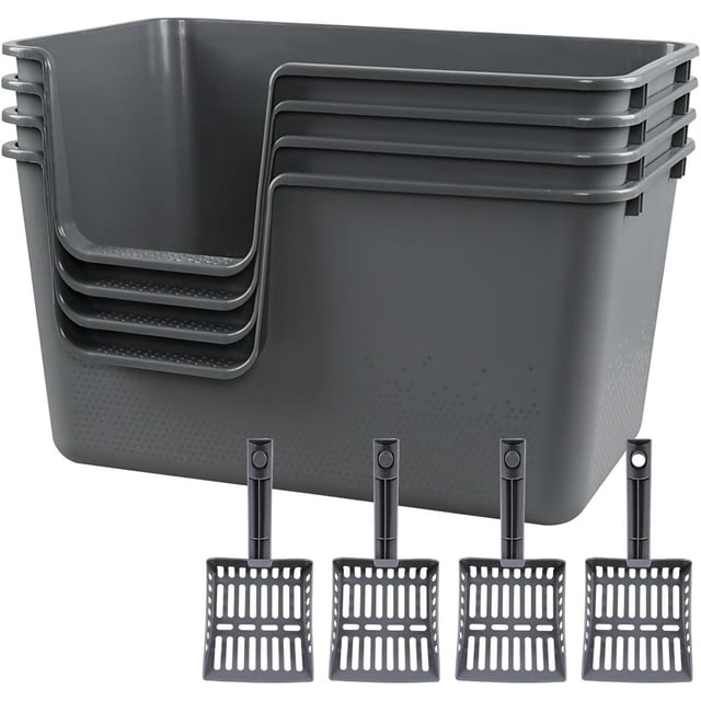 Set of 4 Extra Large Cat Litter Box, Low Entry Senior Litter Pen for Geriatric  Big Cats, Open Top Cat Litter Tray with Scoop, Grey