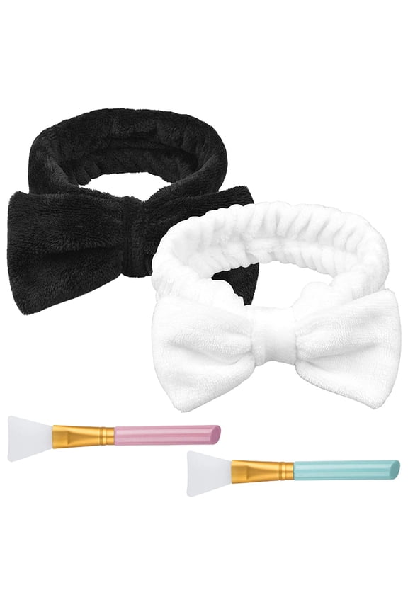 Set of 4,Facial Spa Headband & Face Mask Brush, SourceTon 2 Pack Soft Plush Head Wraps and 2 Silicone Face Mask Brushes for Shower Washing Face