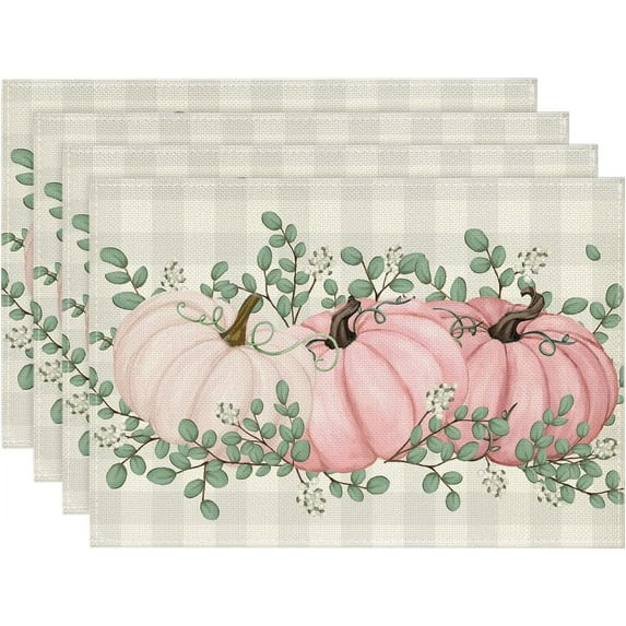 Set of 4 Fall Placemats 12x18 Inch Pumpkins Autumn Thanksgiving Harvest Vintage Table Mat for Party Dining Decoration, Pink